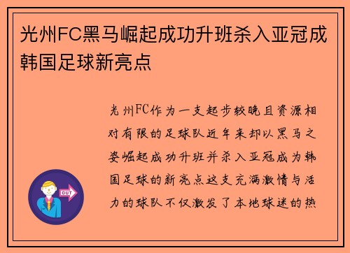 光州FC黑马崛起成功升班杀入亚冠成韩国足球新亮点